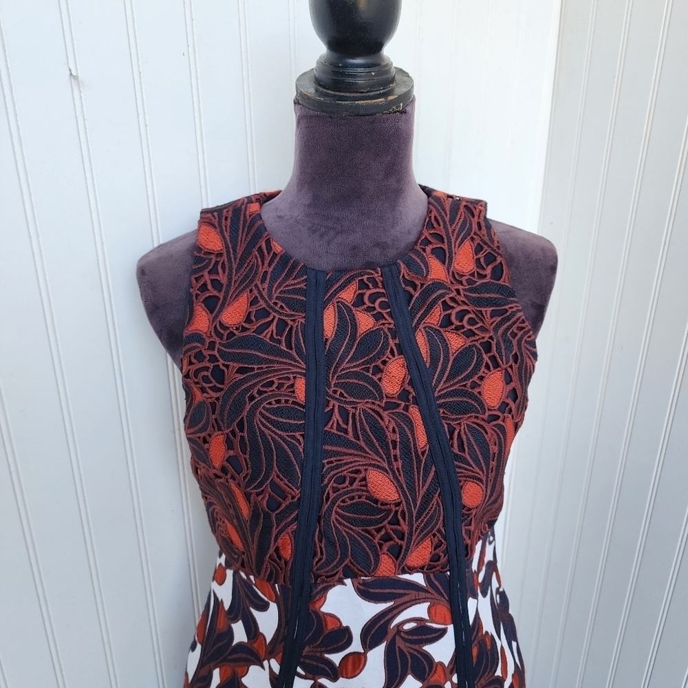 ANN TAYLOR Black Whit Red Floral Thick Lace Sleeveless Dress Pockets Sz 6 - Picture 10 of 16